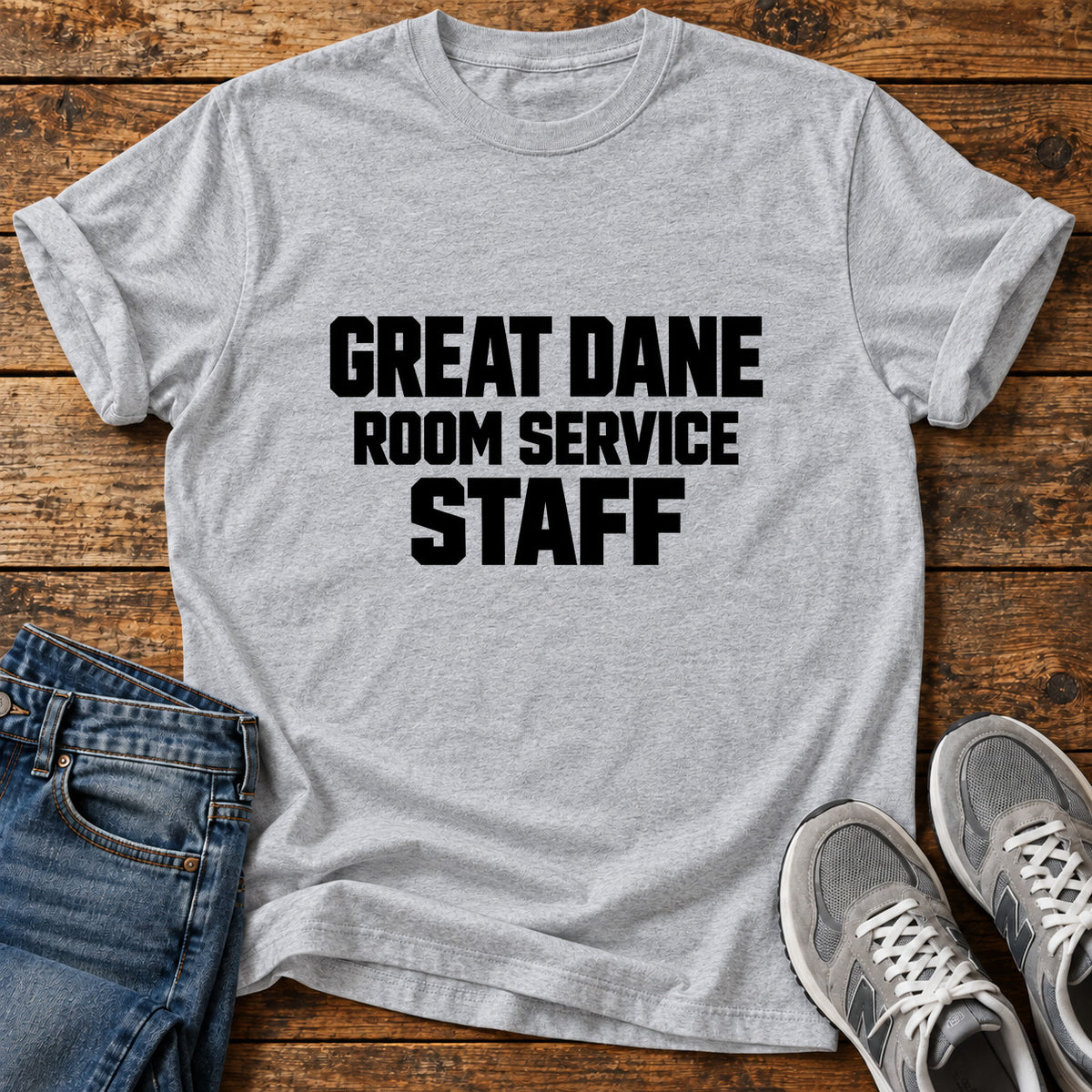 Great Dane Service graphic T-shirt in Sport Grey, shown on a flat-lay shirt mockup