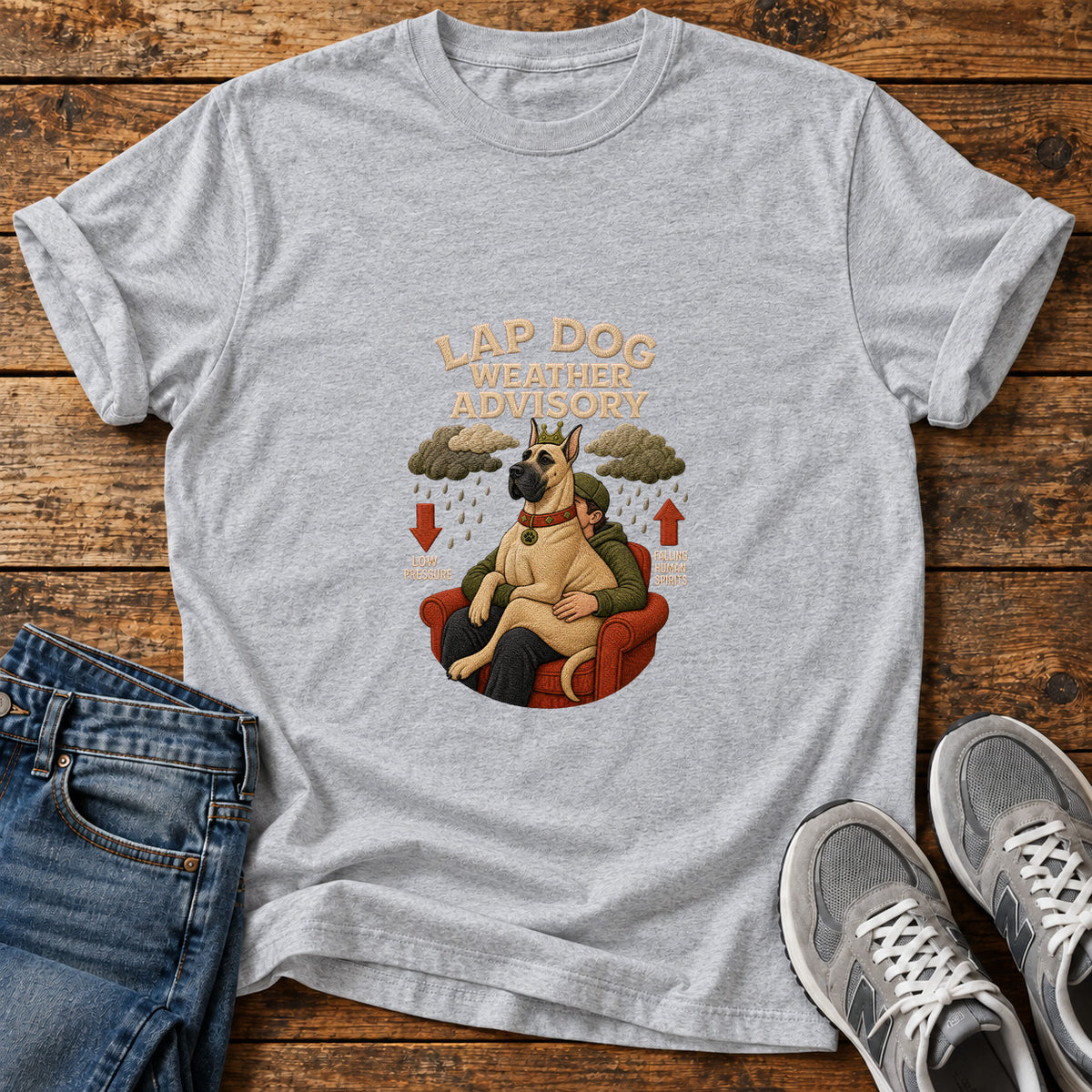 Lap Dog Weather Great Dane graphic T-shirt in Sport Grey, shown on a flat-lay shirt mockup