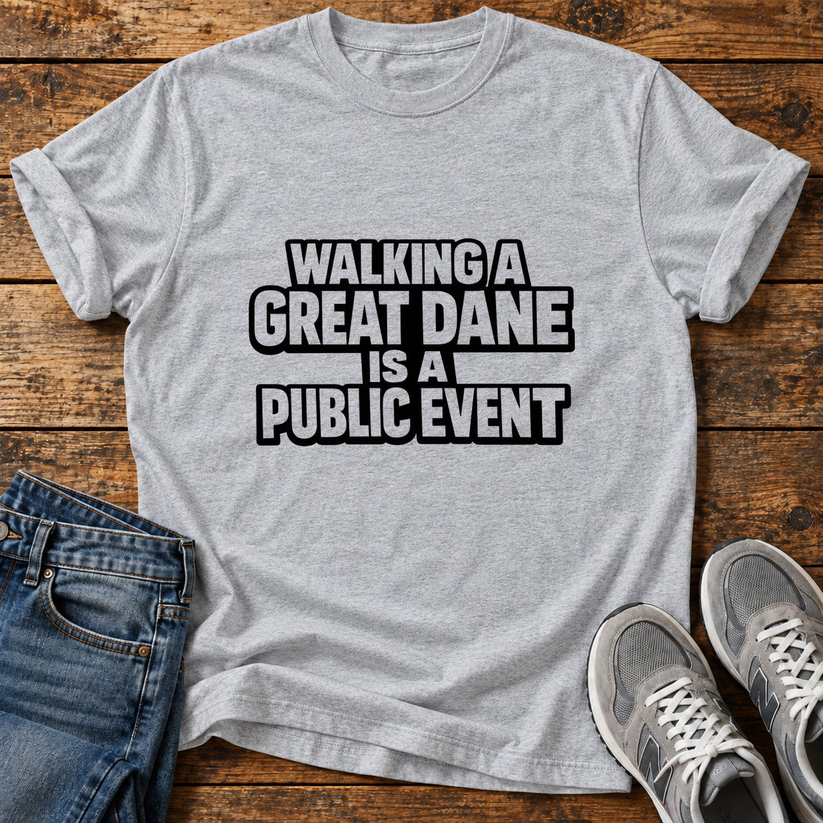 Great Dane Event graphic T-shirt in Sport Grey, shown on a flat-lay shirt mockup