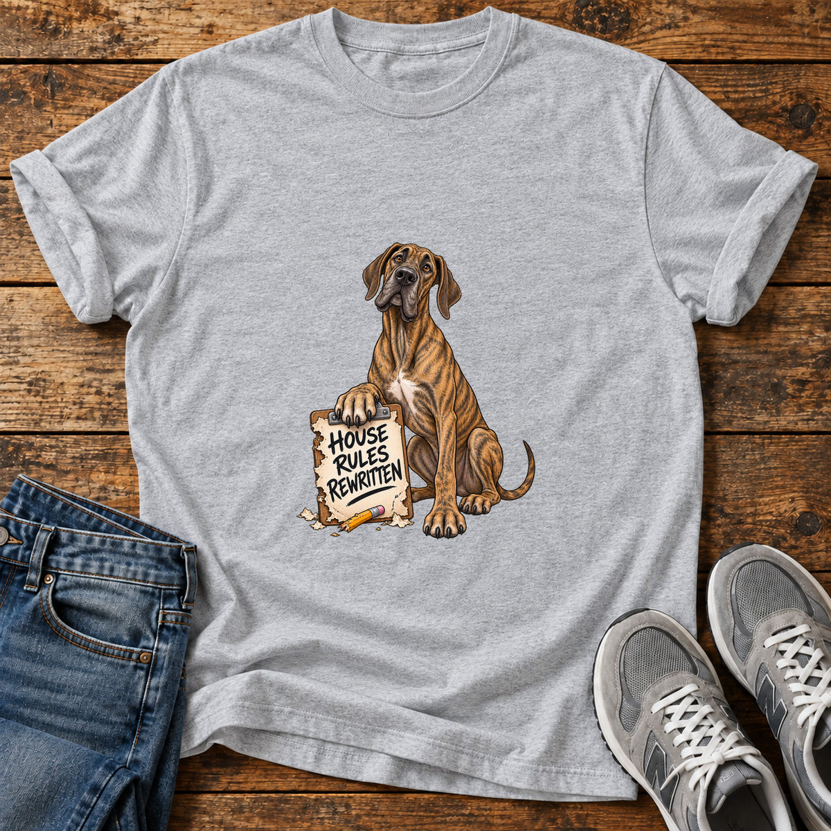 House Rules Rewritten Great Dane graphic T-shirt in Sport Grey, shown on a flat-lay shirt mockup