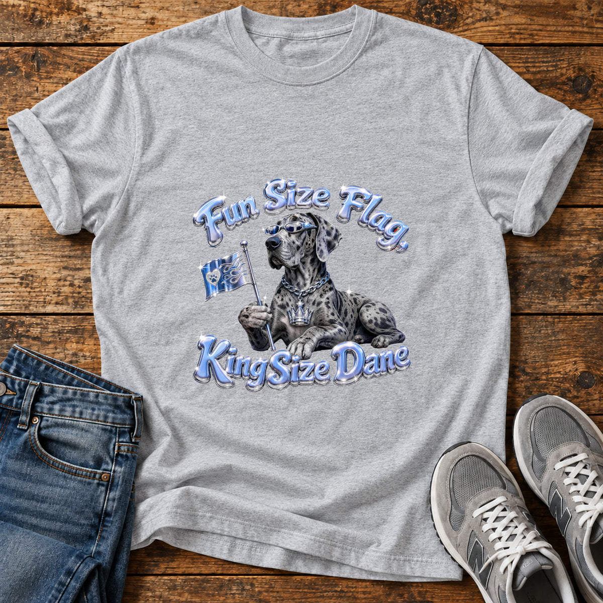 Fun Size Flag Great Dane graphic T-shirt in Sport Grey, shown on a flat-lay shirt mockup
