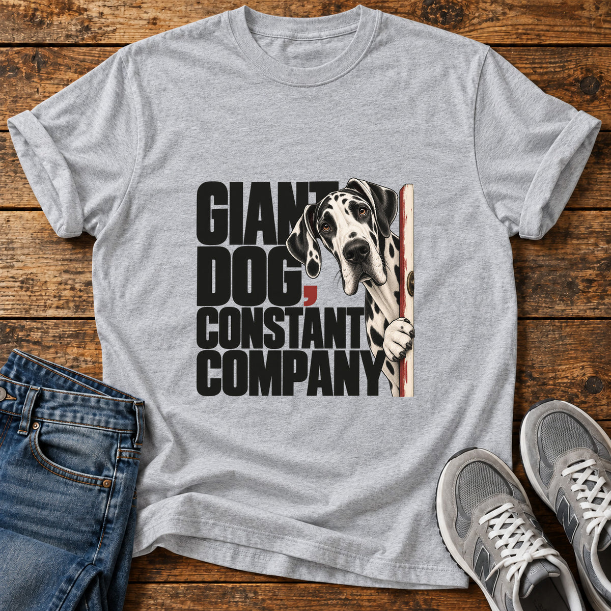 Giant Dog Company Great Dane graphic T-shirt in Sport Grey, shown on a flat-lay shirt mockup