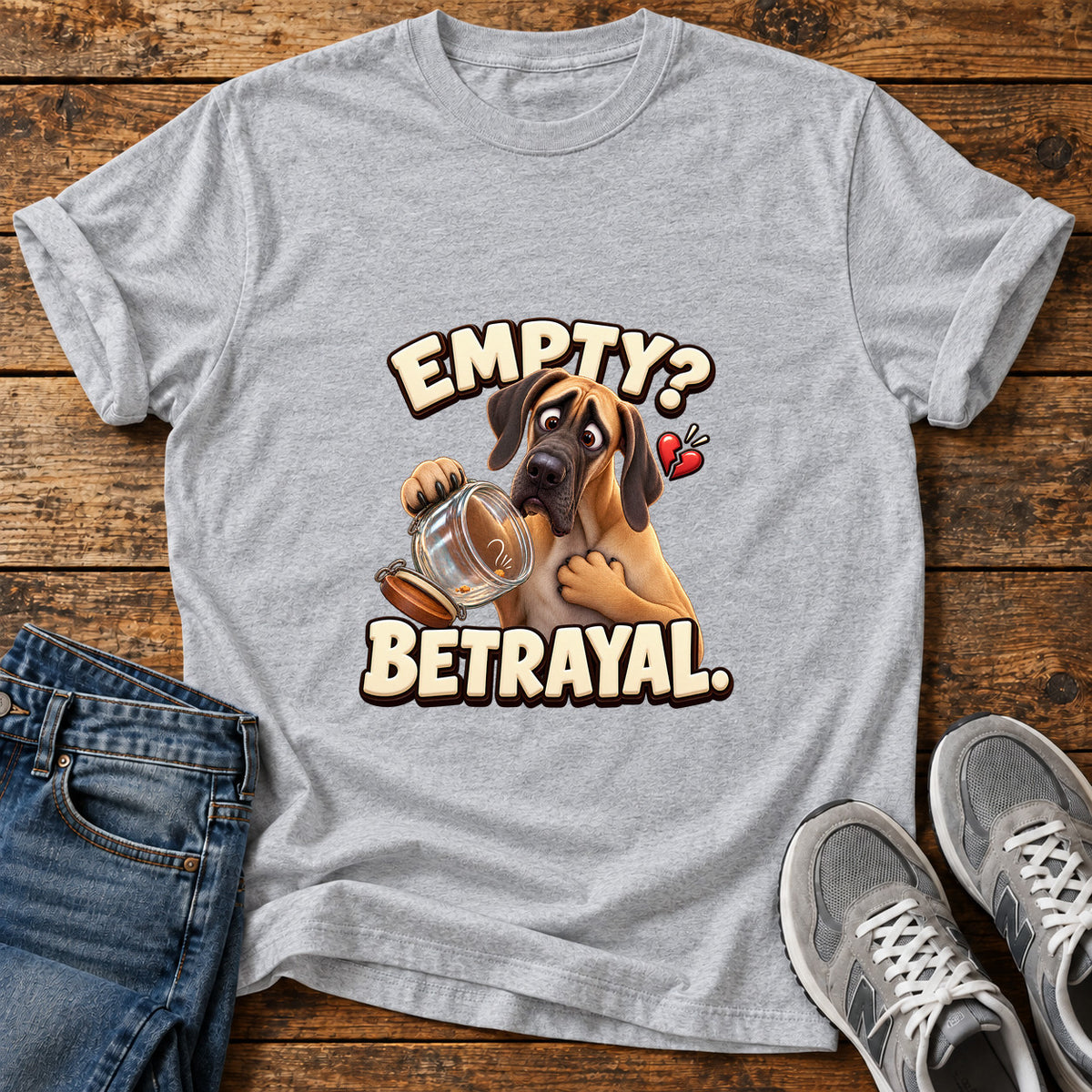 Empty Betrayal Great Dane graphic T-shirt in Sport Grey, shown on a flat-lay shirt mockup