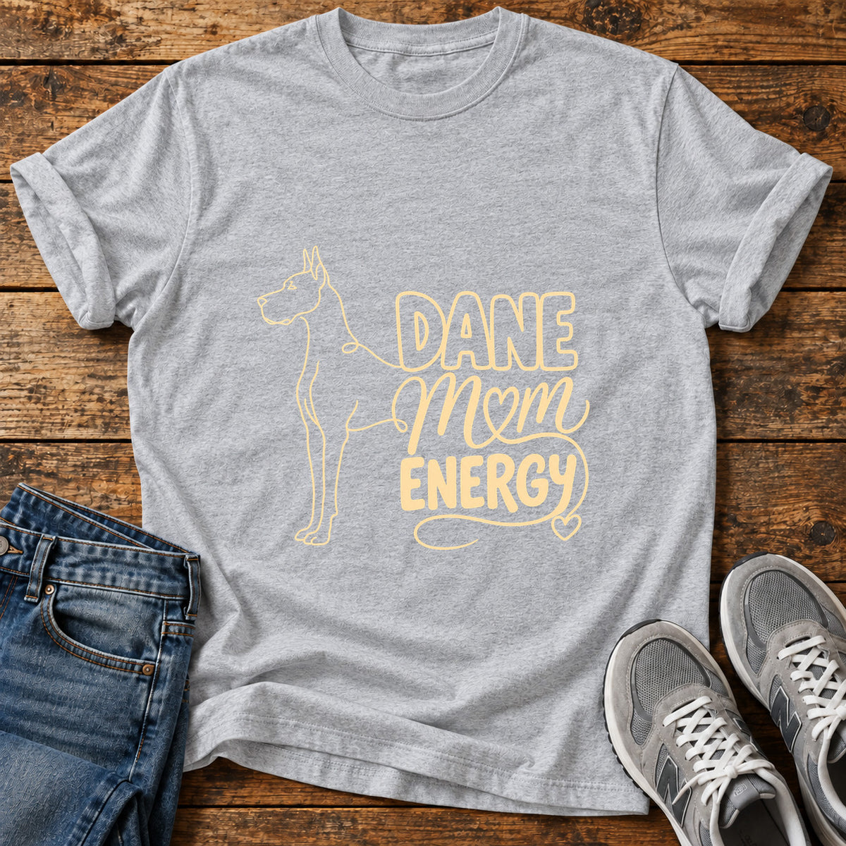 Dane Mom Vibes Great Dane graphic T-shirt in Sport Grey, shown on a flat-lay shirt mockup