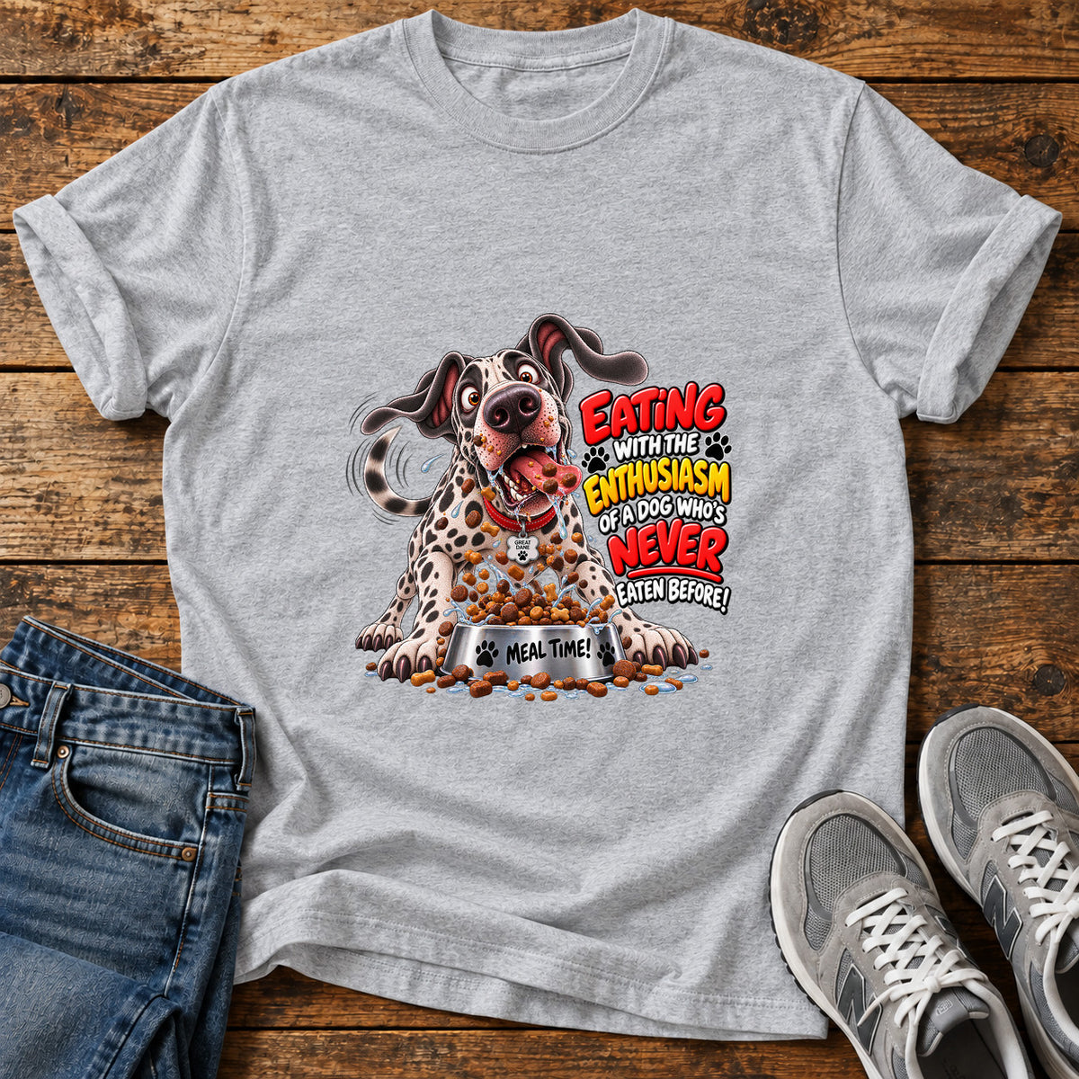 Eating Enthusiasm Great Dane graphic T-shirt in Sport Grey, shown on a flat-lay shirt mockup