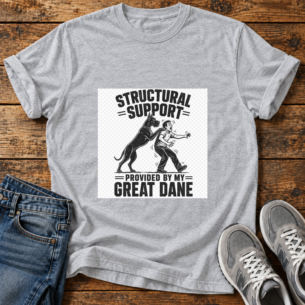 Structural Support Great Dane graphic T-shirt in Sport Grey, shown on a flat-lay shirt mockup