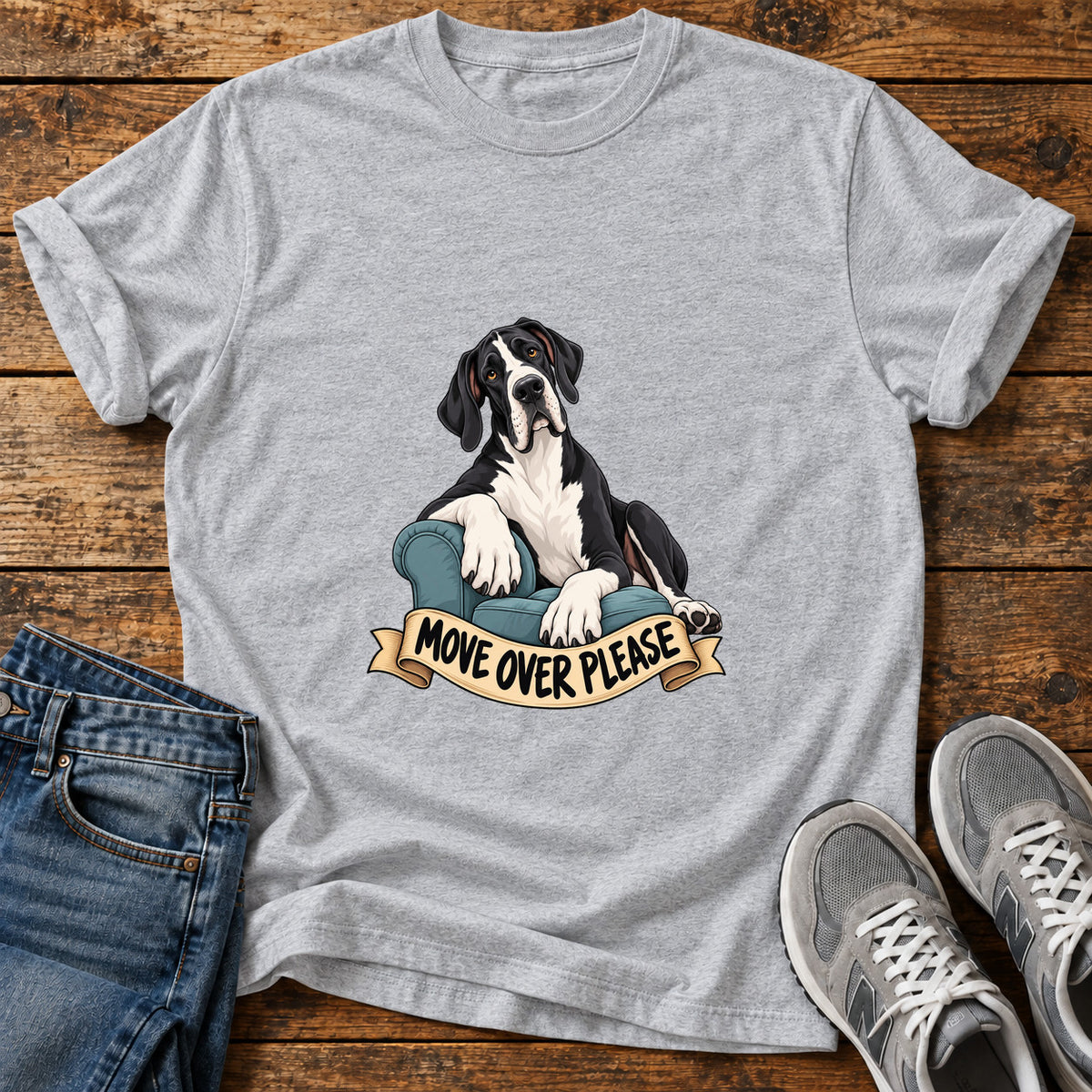 Move Over Please Great Dane graphic T-shirt in Sport Grey, shown on a flat-lay shirt mockup