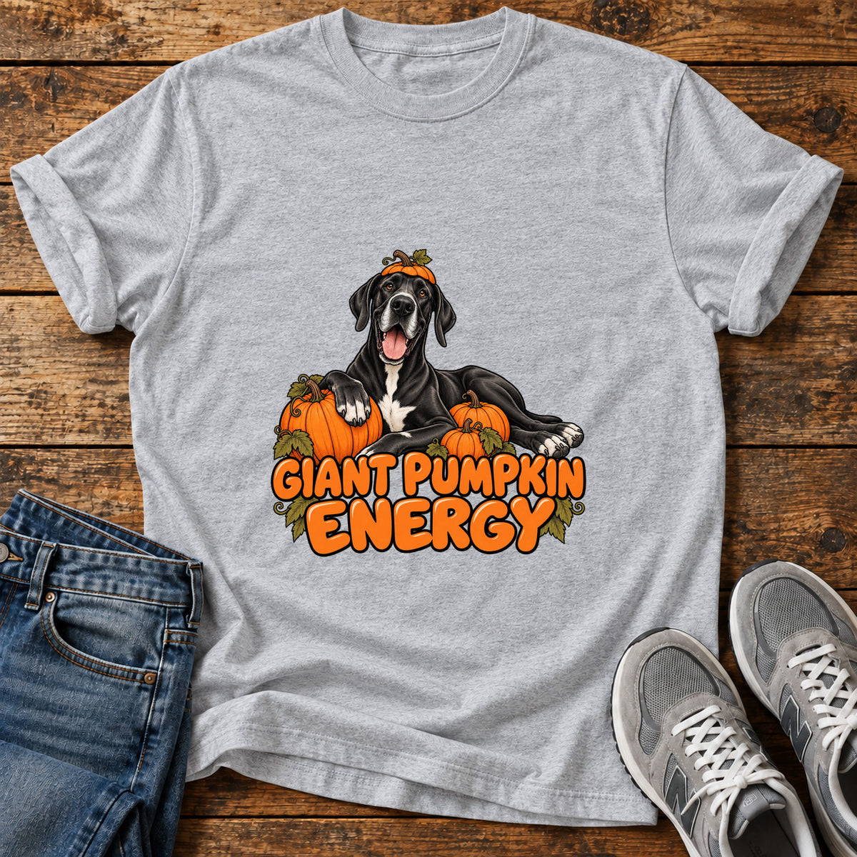 Giant Pumpkin Energy Great Dane graphic T-shirt in Sport Grey, shown on a flat-lay shirt mockup