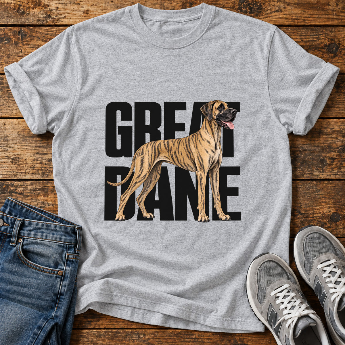 Great Dane graphic T-shirt in Sport Grey, shown on a flat-lay shirt mockup