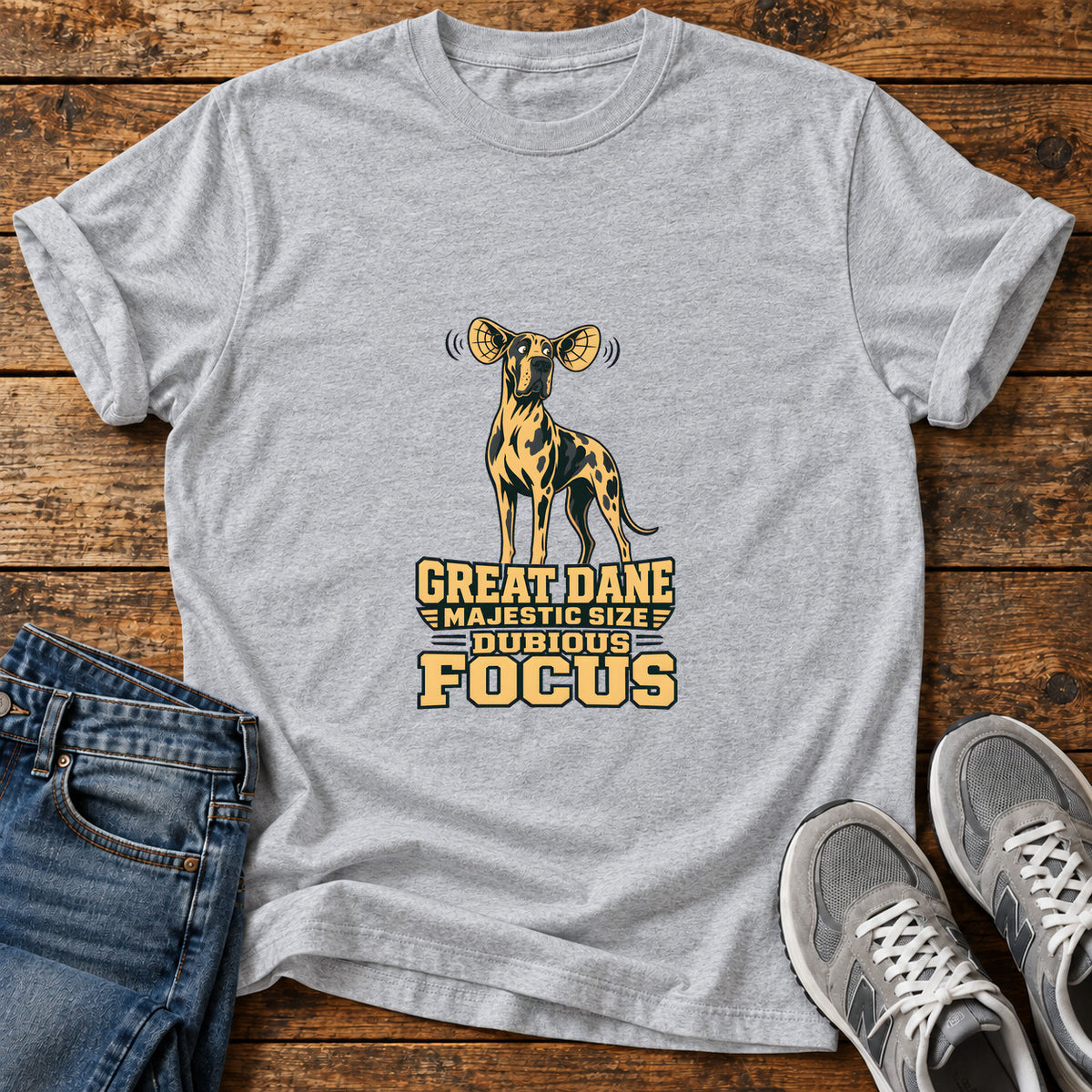Dubious Focus Great Dane graphic T-shirt in Sport Grey, shown on a flat-lay shirt mockup