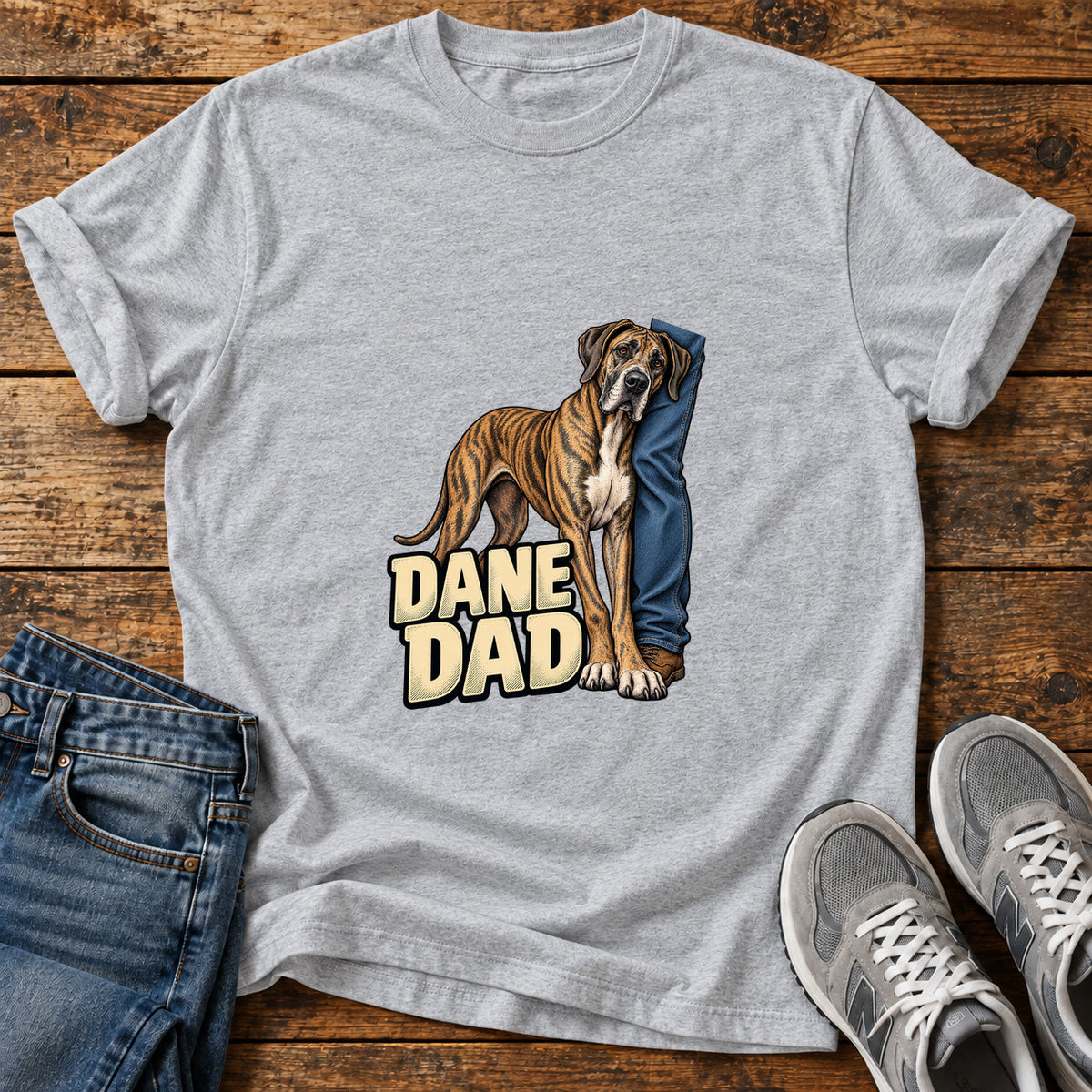 Dane Dad Great Dane graphic T-shirt in Sport Grey, shown on a flat-lay shirt mockup