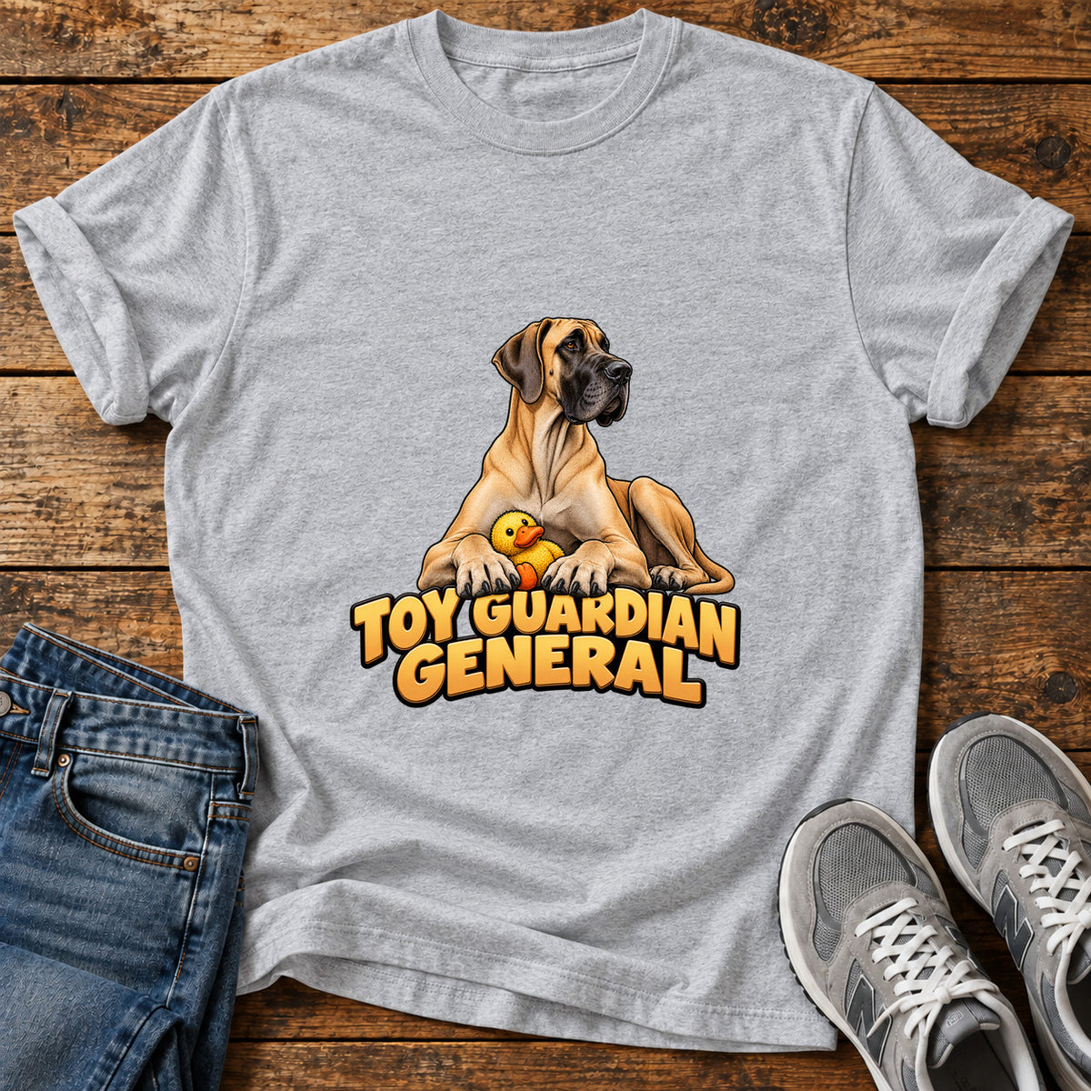 Toy Guardian General Great Dane graphic T-shirt in Sport Grey, shown on a flat-lay shirt mockup