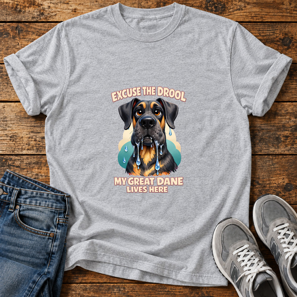 Excuse The Drool Great Dane graphic T-shirt in Sport Grey, shown on a flat-lay shirt mockup