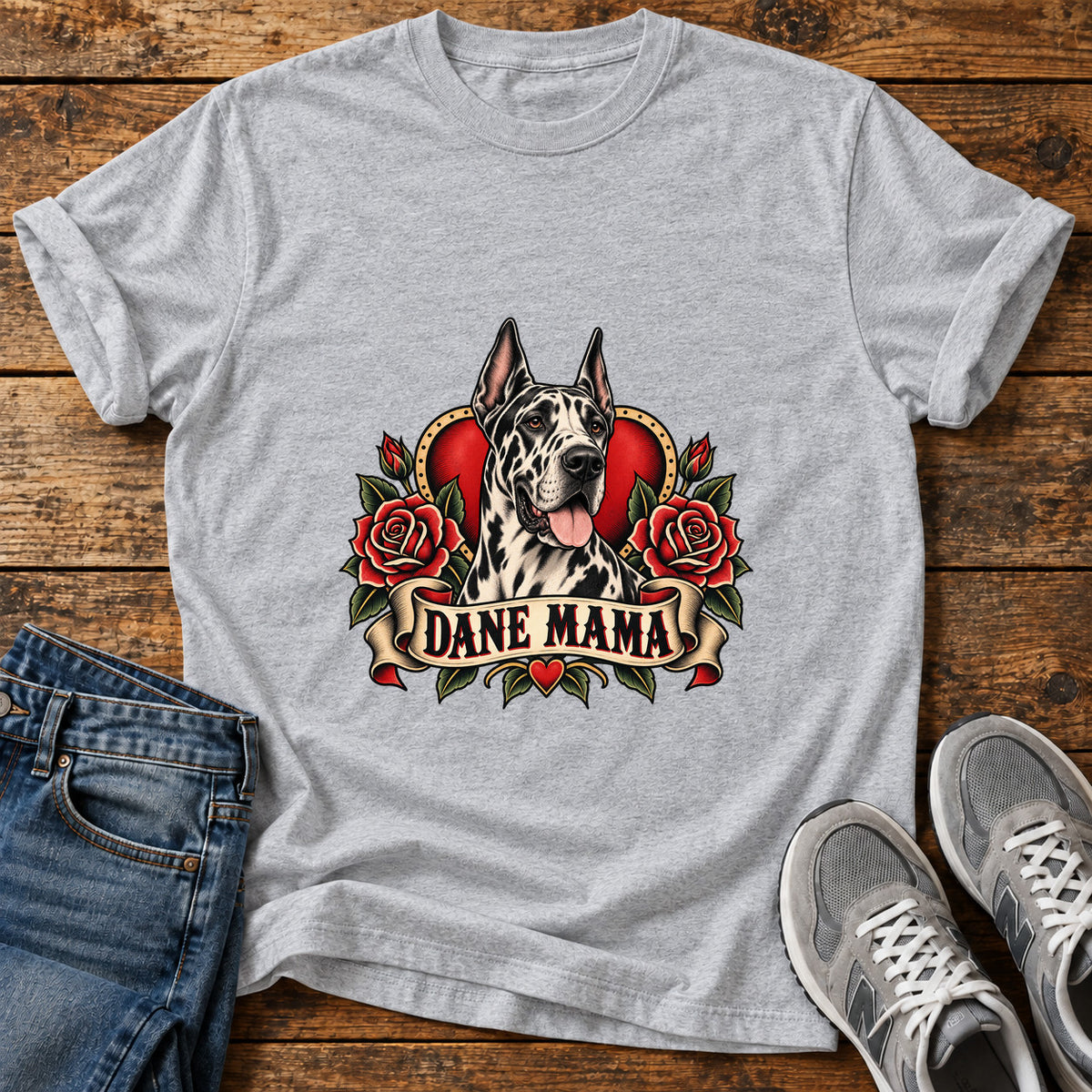 Dane Mama Great Dane graphic T-shirt in Sport Grey, shown on a flat-lay shirt mockup
