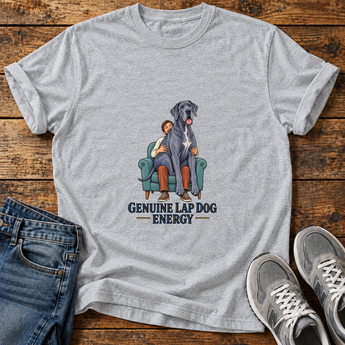 Genuine Lap Energy Great Dane graphic T-shirt in Sport Grey, shown on a flat-lay shirt mockup