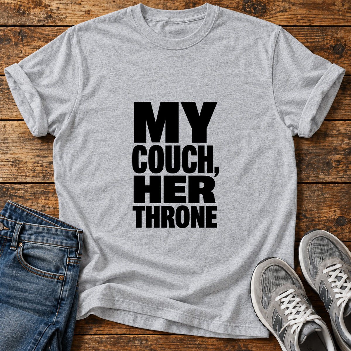 My Couch Throne Great Dane graphic T-shirt in Sport Grey, shown on a flat-lay shirt mockup
