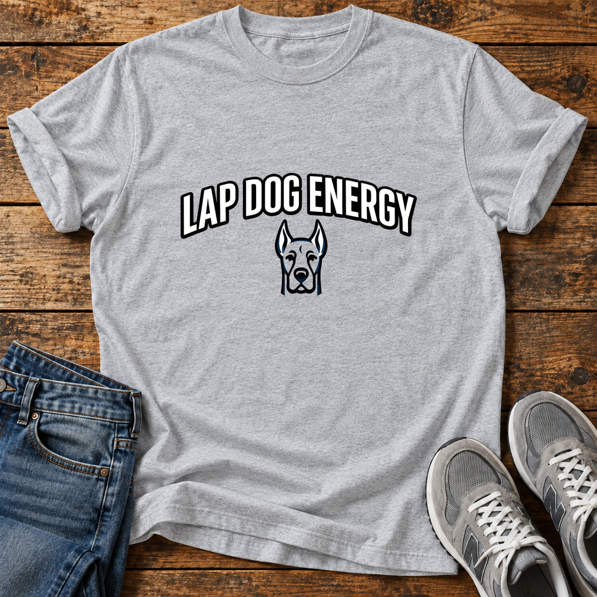 Lap Dog Energy Great Dane graphic T-shirt in Sport Grey, shown on a flat-lay shirt mockup