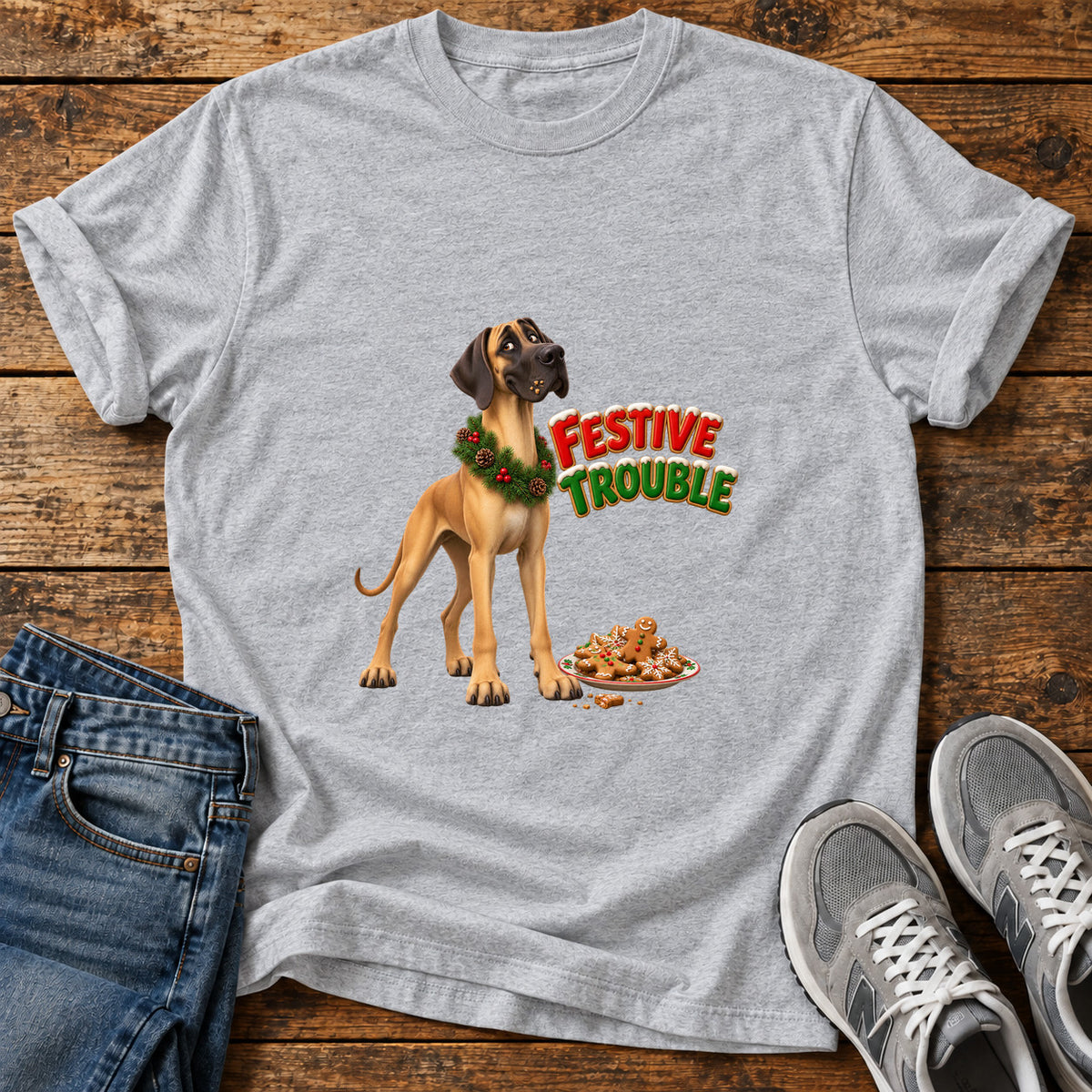 Festive Trouble Great Dane graphic T-shirt in Sport Grey, shown on a flat-lay shirt mockup