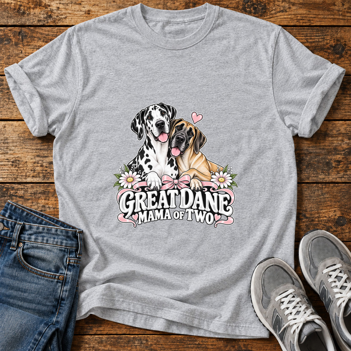 Great Dane Mama graphic T-shirt in Sport Grey, shown on a flat-lay shirt mockup