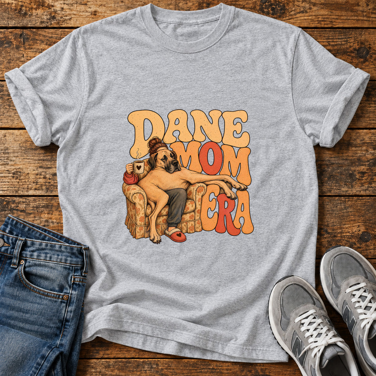 Dane Mom Era Great Dane graphic T-shirt in Sport Grey, shown on a flat-lay shirt mockup