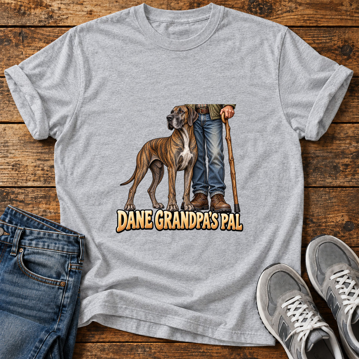 Dane Grandpa's Pal Great Dane graphic T-shirt in Sport Grey, shown on a flat-lay shirt mockup