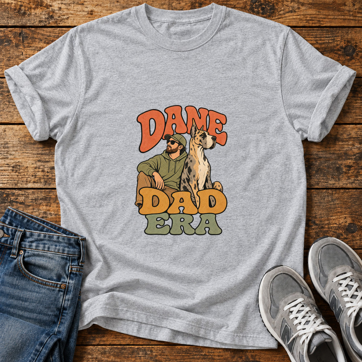 Dane Dad Era Great Dane graphic T-shirt in Sport Grey, shown on a flat-lay shirt mockup