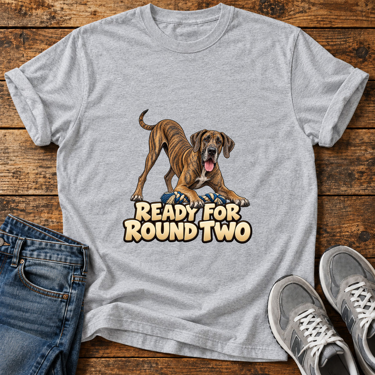 Ready For Round Great Dane graphic T-shirt in Sport Grey, shown on a flat-lay shirt mockup