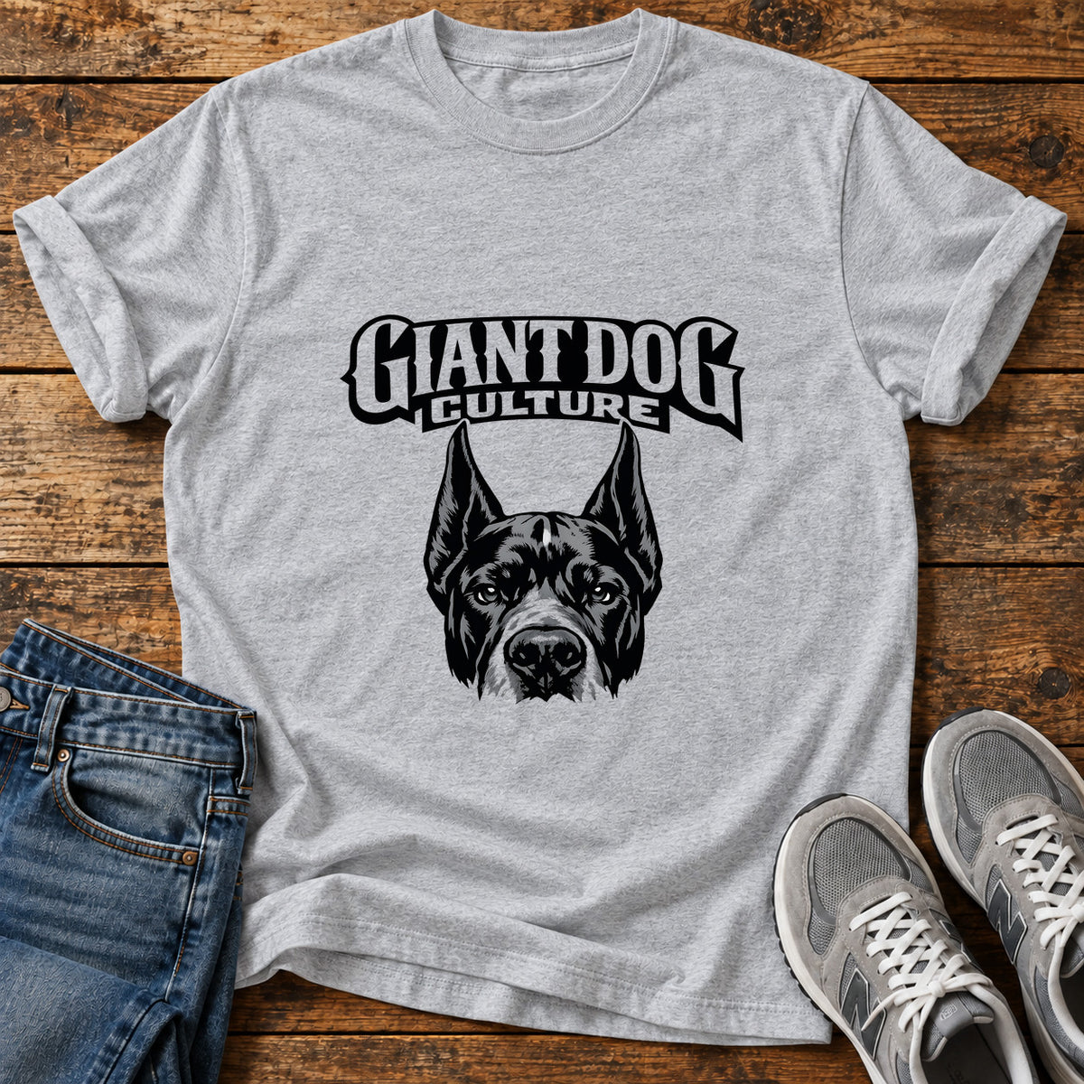 Giant Dog Culture Great Dane graphic T-shirt in Sport Grey, shown on a flat-lay shirt mockup