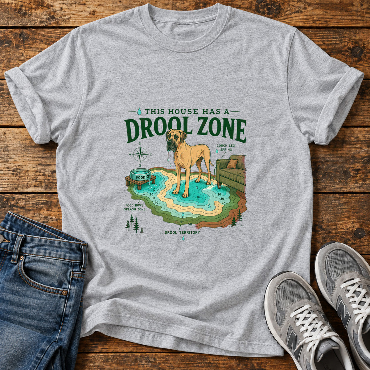 Drool Zone Zone Great Dane graphic T-shirt in Sport Grey, shown on a flat-lay shirt mockup