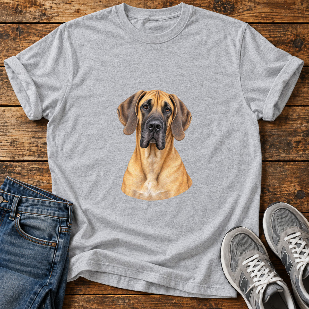 Majestic Dane Great Dane graphic T-shirt in Sport Grey, shown on a flat-lay shirt mockup