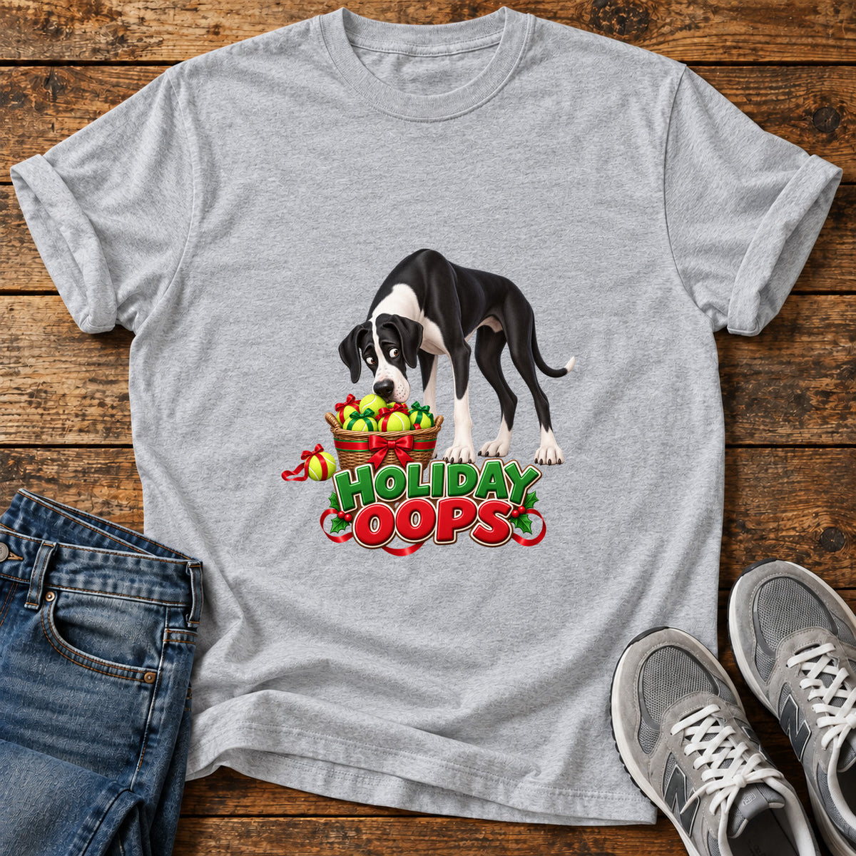 Holiday Oops Great Dane graphic T-shirt in Sport Grey, shown on a flat-lay shirt mockup
