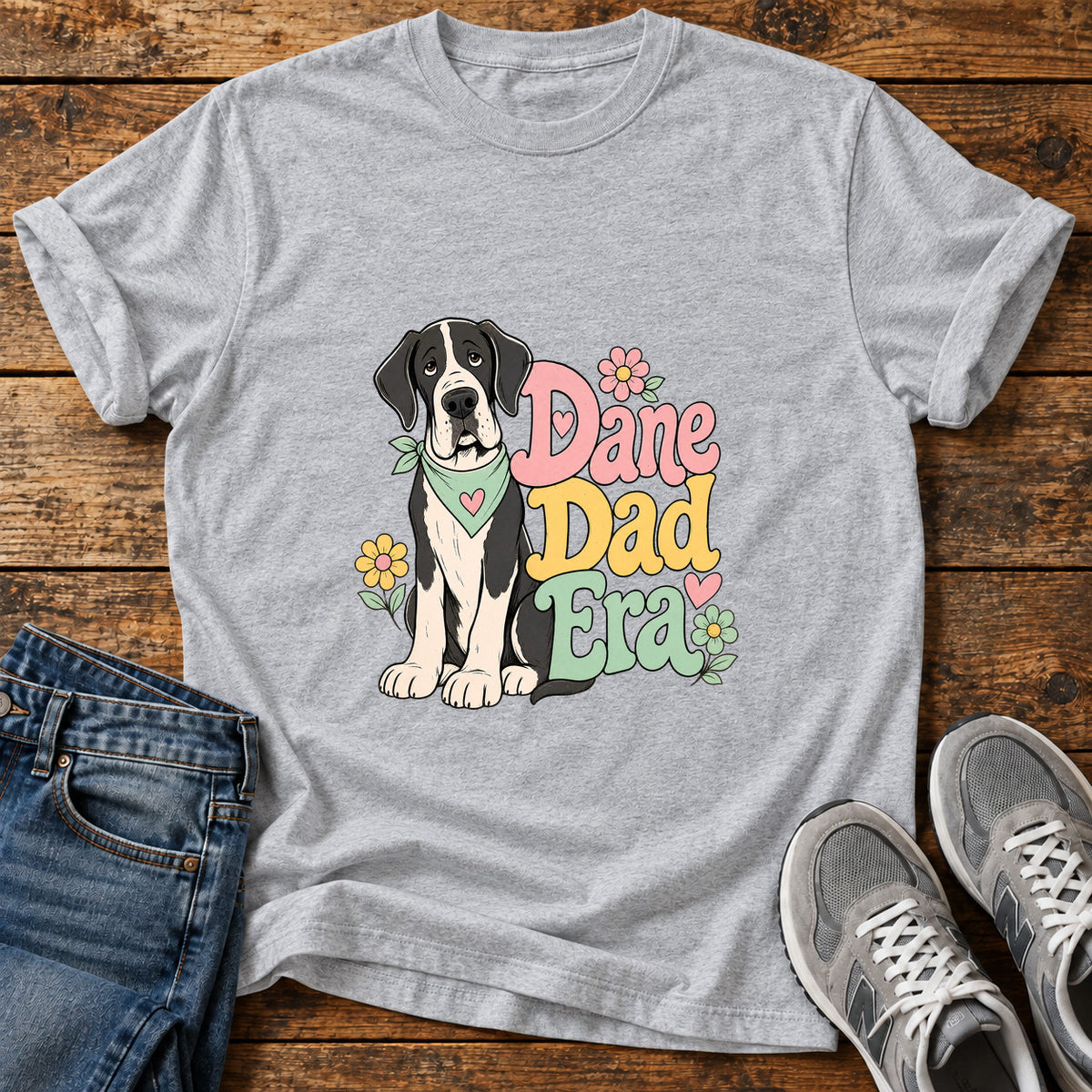 Dane Dad Era Great Dane graphic T-shirt in Sport Grey, shown on a flat-lay shirt mockup