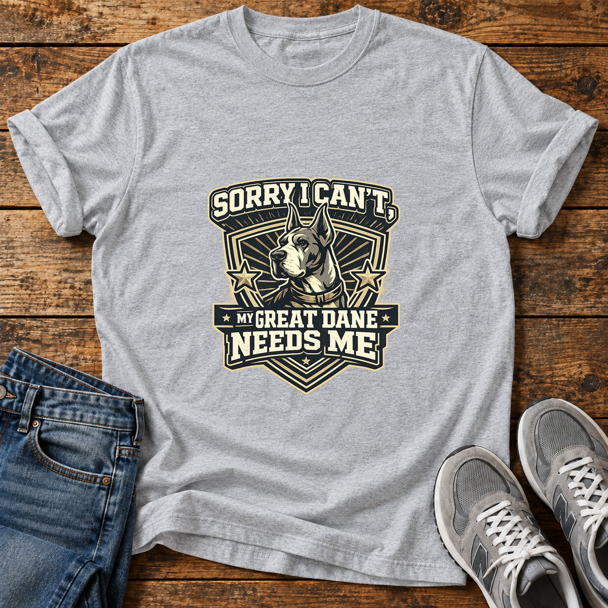 Sorry Great Dane graphic T-shirt in Sport Grey, shown on a flat-lay shirt mockup