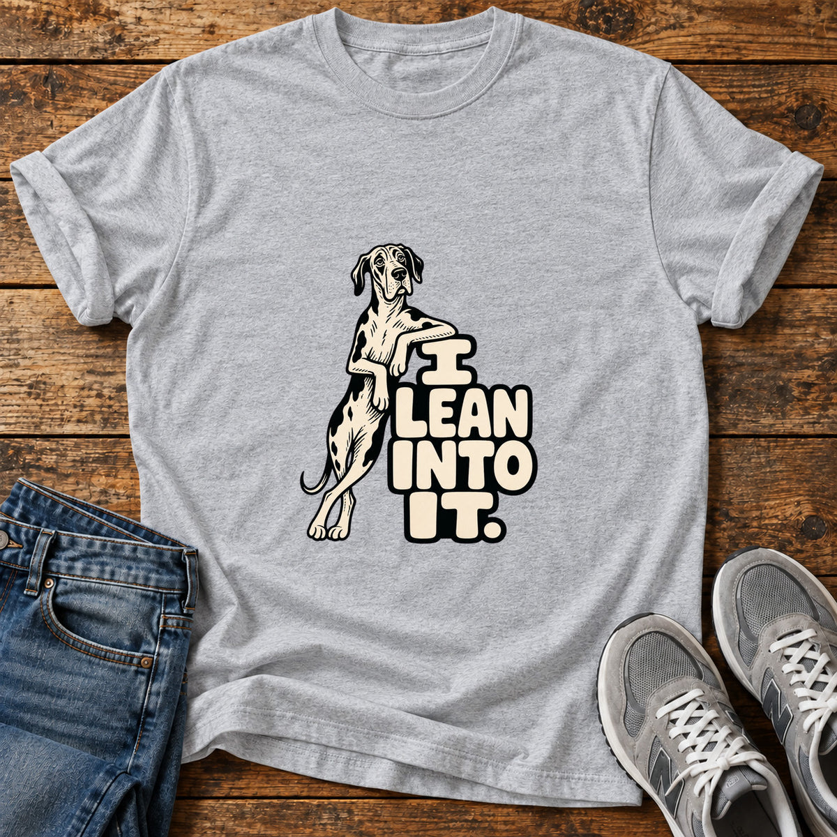 Lean Into It Great Dane graphic T-shirt in Sport Grey, shown on a flat-lay shirt mockup