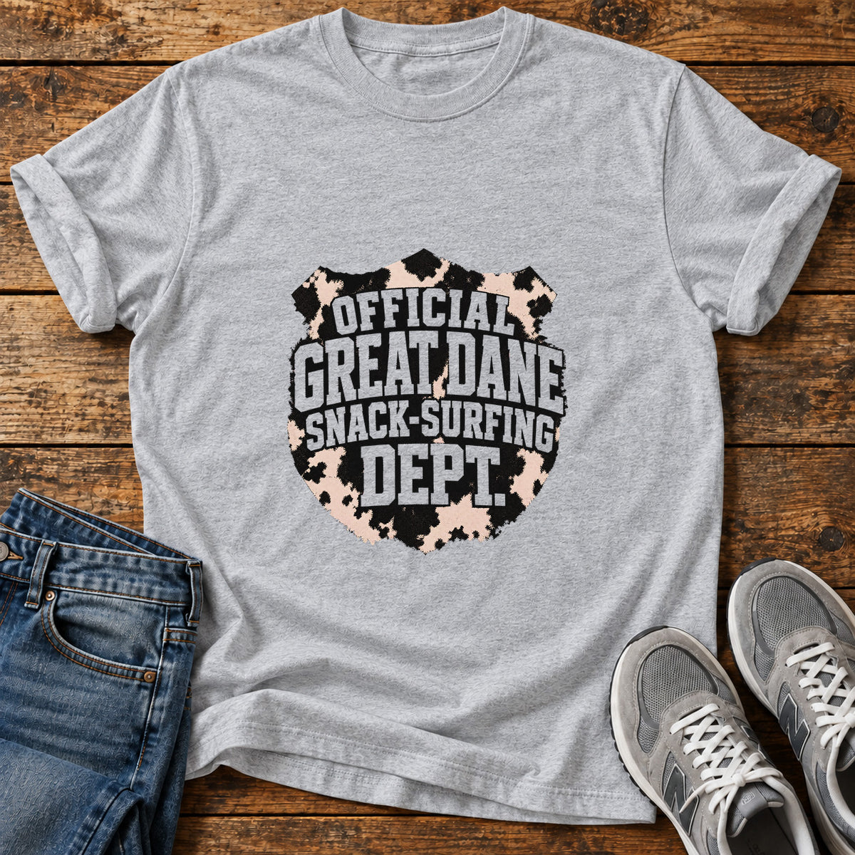 Snack-Surfing Dept Great Dane graphic T-shirt in Sport Grey, shown on a flat-lay shirt mockup