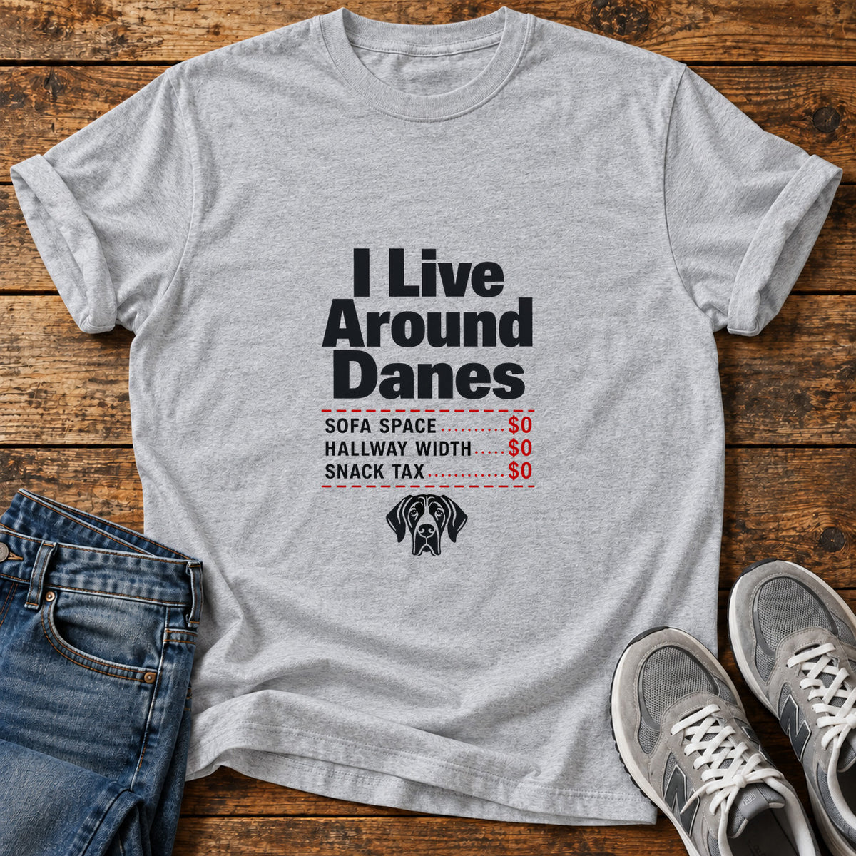 Live Around Danes Great Dane graphic T-shirt in Sport Grey, shown on a flat-lay shirt mockup