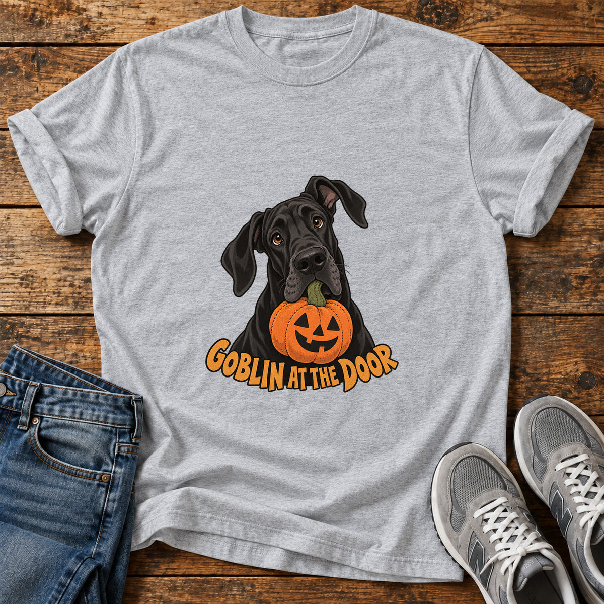 Goblin At Door Great Dane graphic T-shirt in Sport Grey, shown on a flat-lay shirt mockup