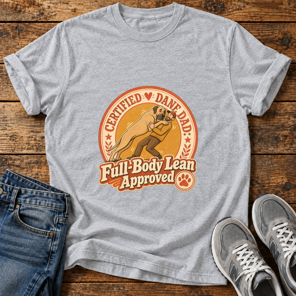 Full-Body Lean Great Dane graphic T-shirt in Sport Grey, shown on a flat-lay shirt mockup