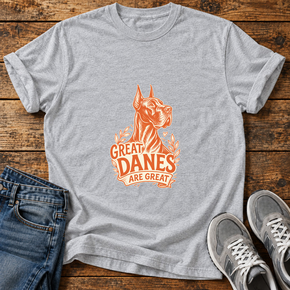 Great Danes Great graphic T-shirt in Sport Grey, shown on a flat-lay shirt mockup
