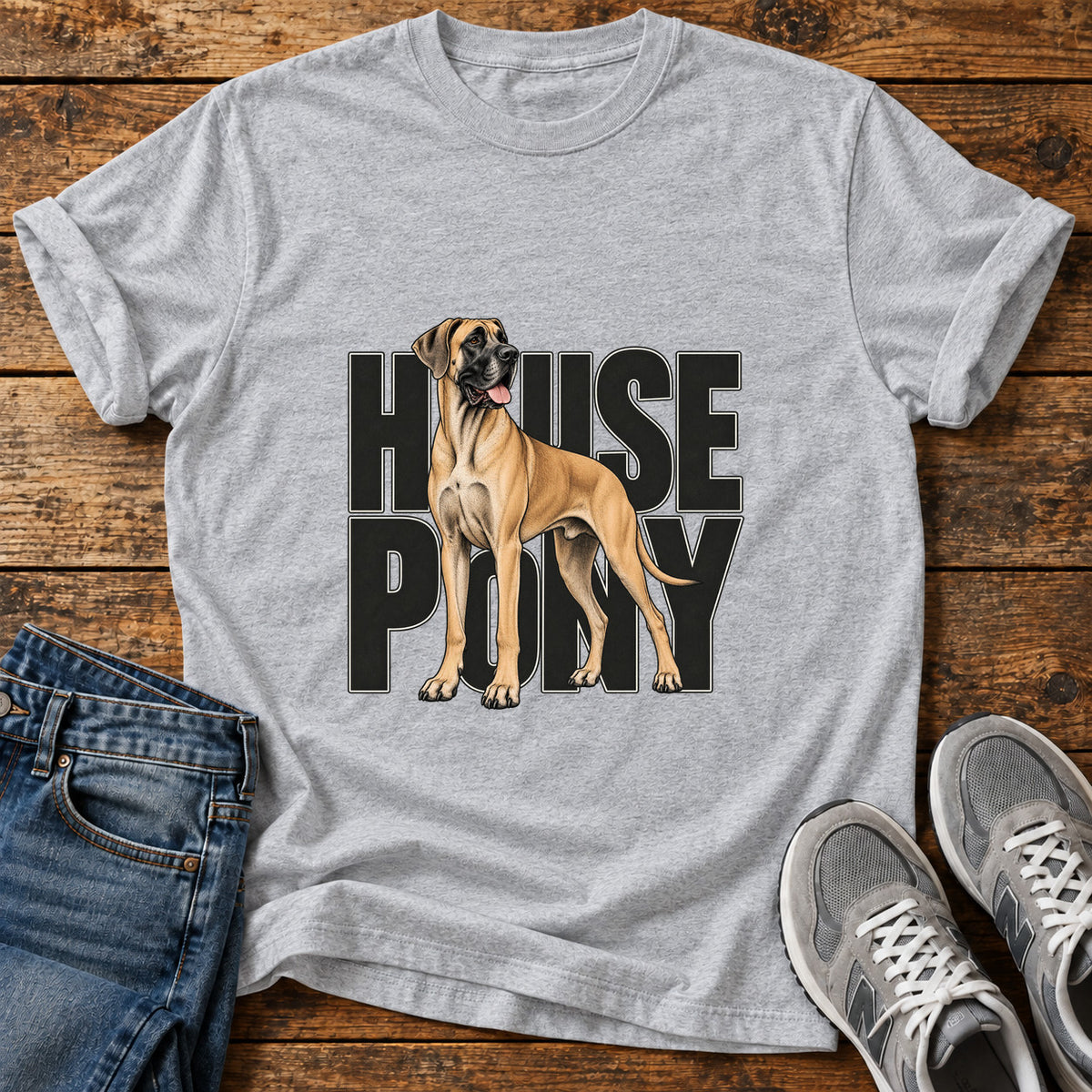 House Pony Great Dane graphic T-shirt in Sport Grey, shown on a flat-lay shirt mockup