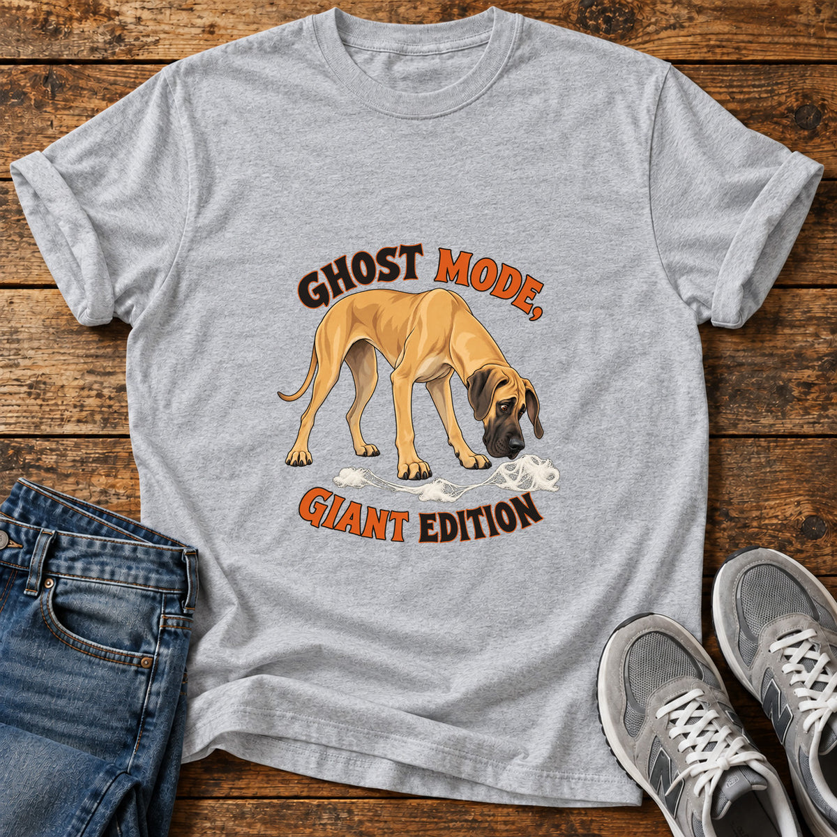 Ghost Mode Giant Great Dane graphic T-shirt in Sport Grey, shown on a flat-lay shirt mockup