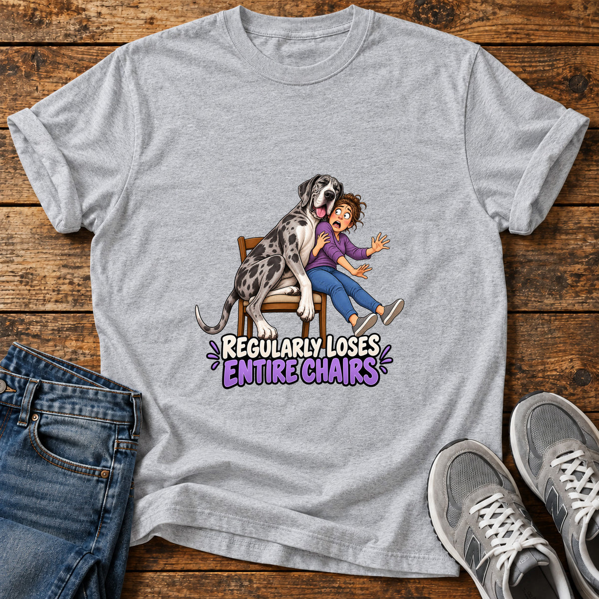 Loses Entire Chairs Great Dane graphic T-shirt in Sport Grey, shown on a flat-lay shirt mockup