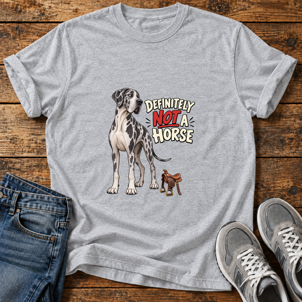 Not A Horse Great Dane graphic T-shirt in Sport Grey, shown on a flat-lay shirt mockup