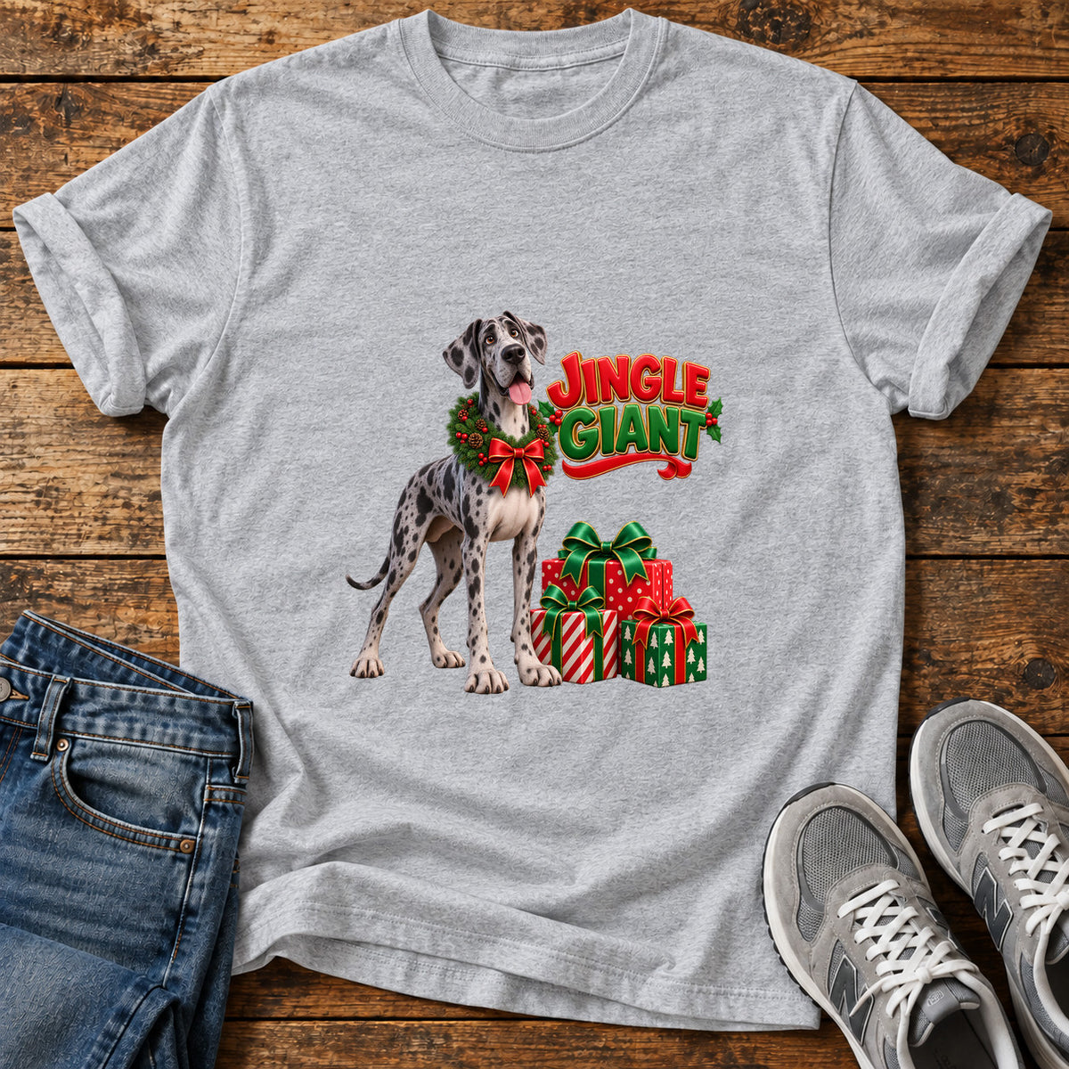 Jingle Giant Great Dane graphic T-shirt in Sport Grey, shown on a flat-lay shirt mockup