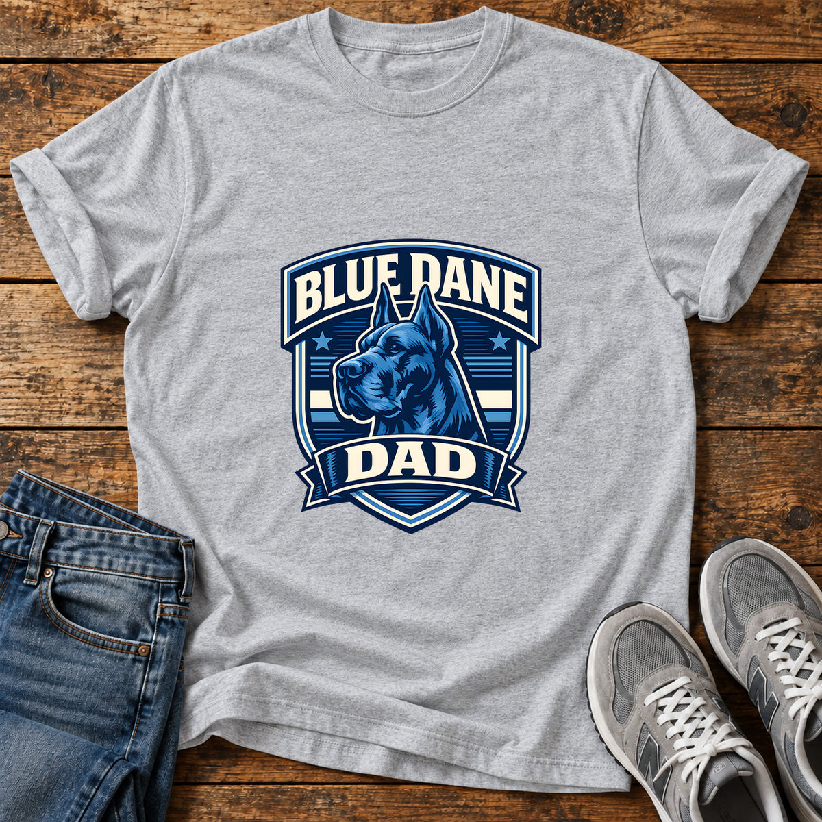 Blue Dane Dad Great Dane graphic T-shirt in Sport Grey, shown on a flat-lay shirt mockup
