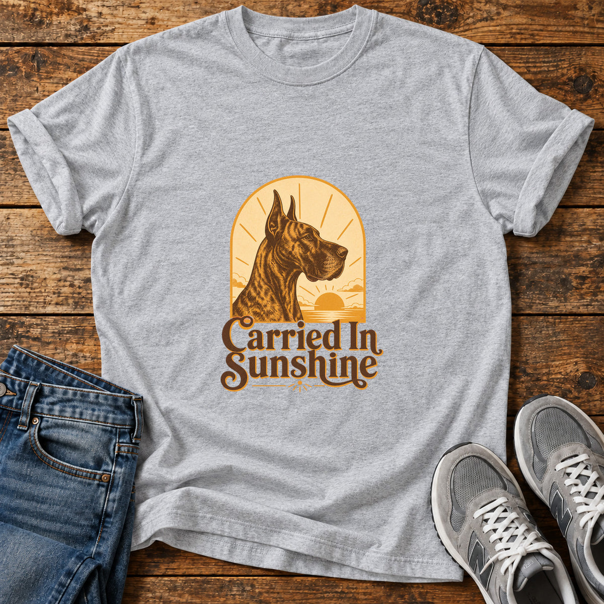 Carried In Sunshine Great Dane graphic T-shirt in Sport Grey, shown on a flat-lay shirt mockup