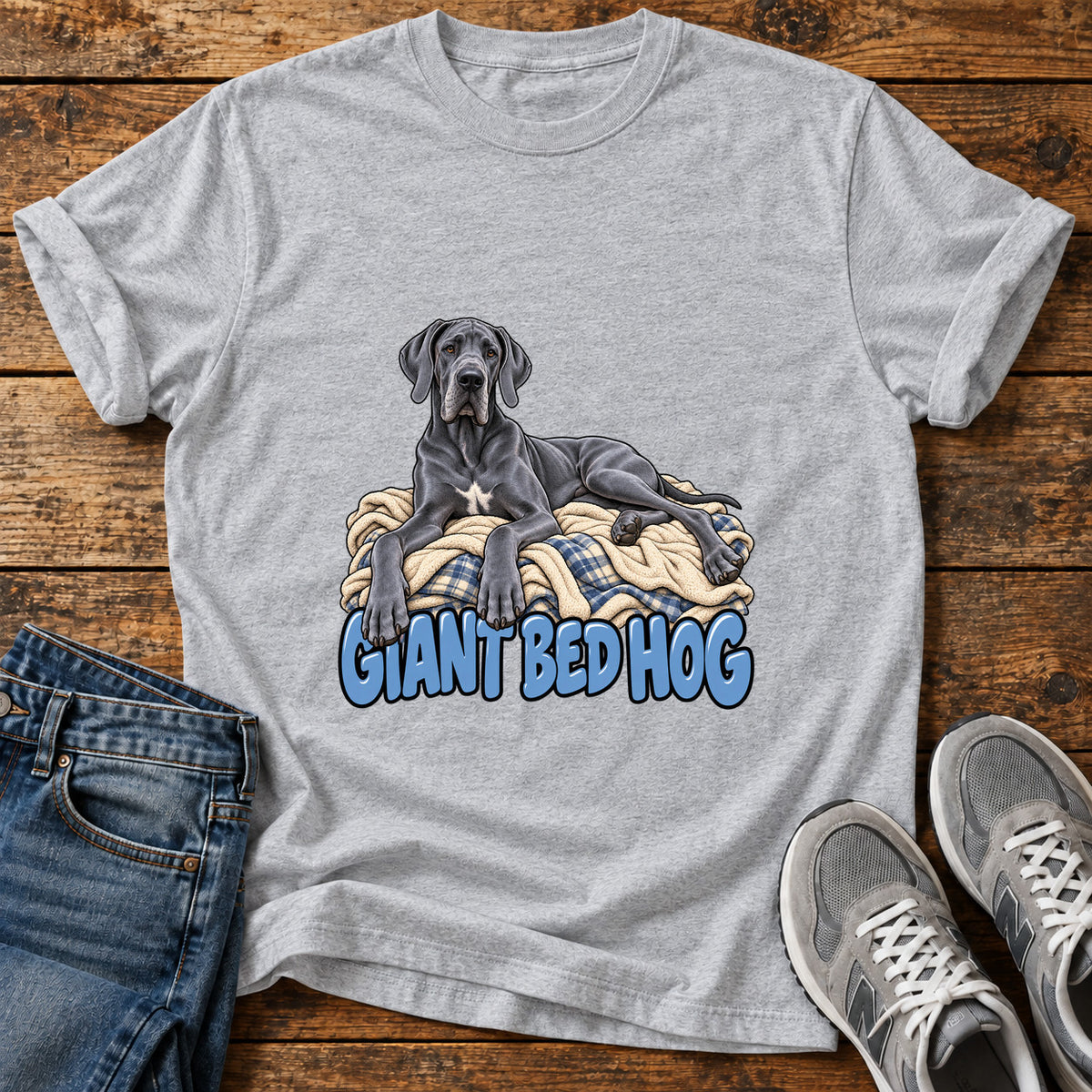 Giant Bed Hog Great Dane graphic T-shirt in Sport Grey, shown on a flat-lay shirt mockup
