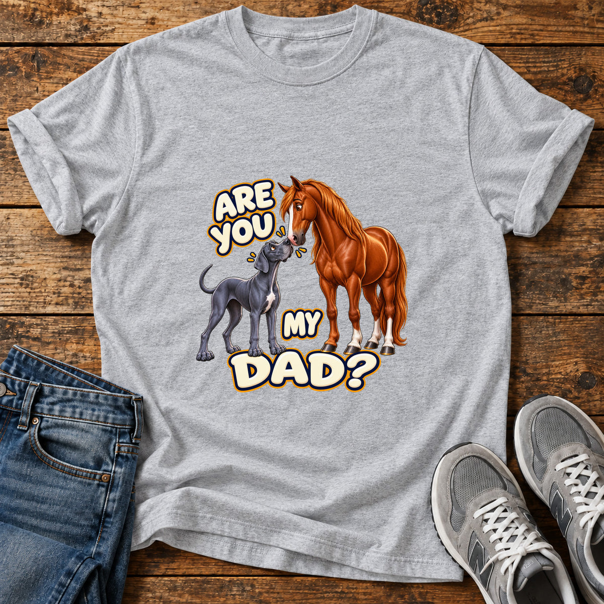 Are You Dad Great Dane graphic T-shirt in Sport Grey, shown on a flat-lay shirt mockup