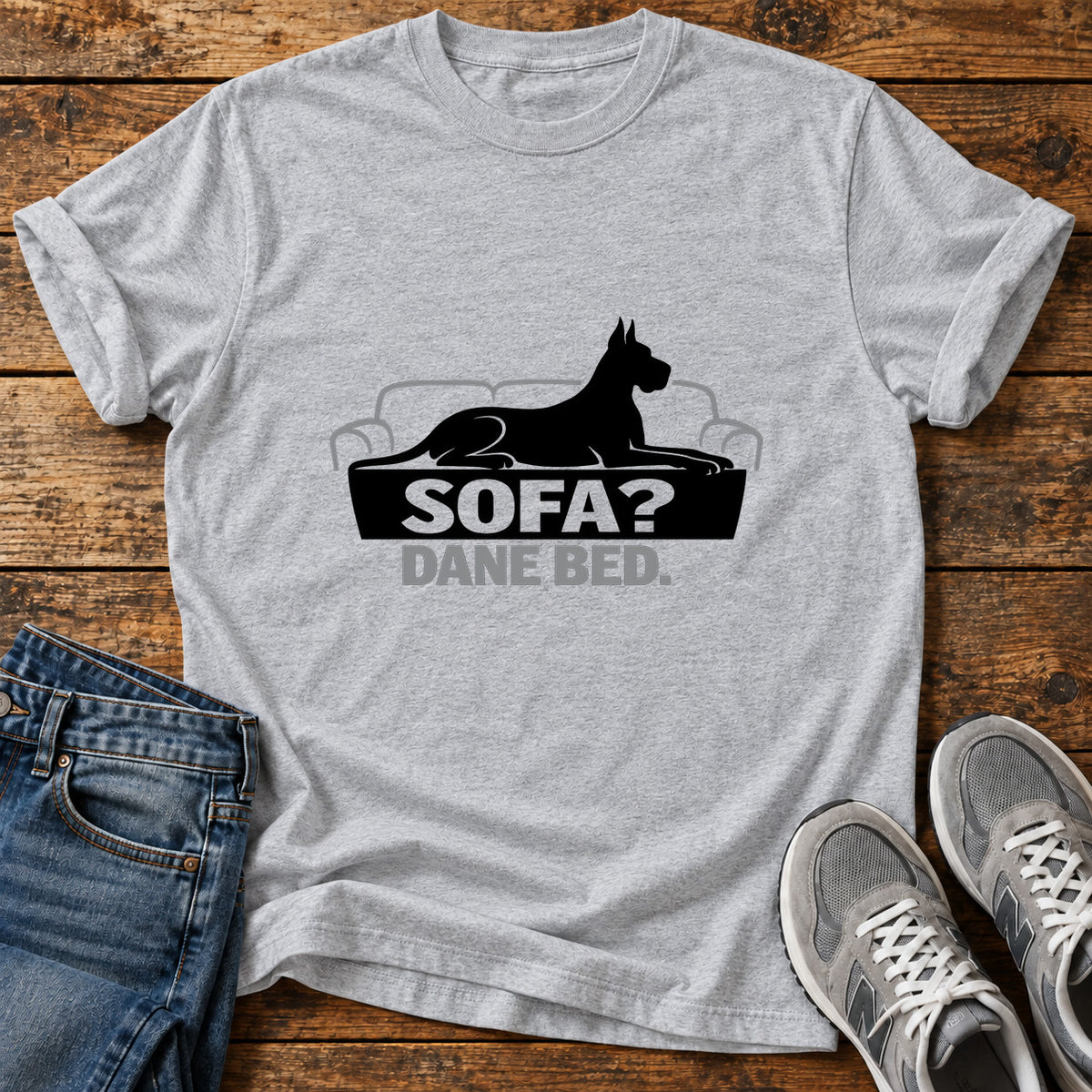 Sofa Dane Bed Great Dane graphic T-shirt in Sport Grey, shown on a flat-lay shirt mockup