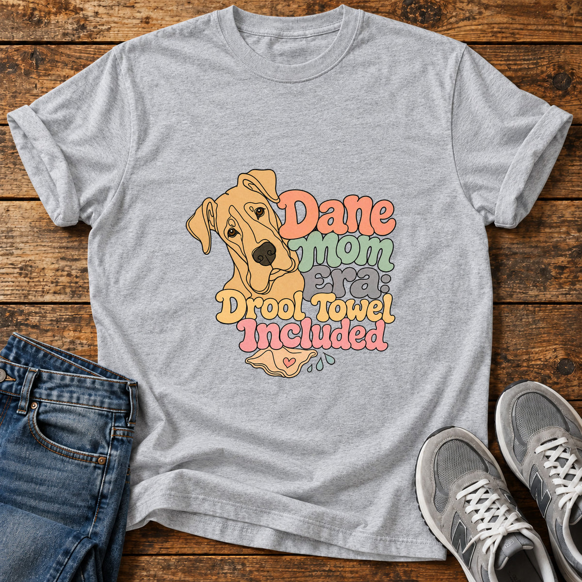 Dane Mom Era Great Dane graphic T-shirt in Sport Grey, shown on a flat-lay shirt mockup
